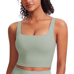 👑Women's Palm Green Sleeveless Pullover Square Neck Padded Sports Crop Tank Top
